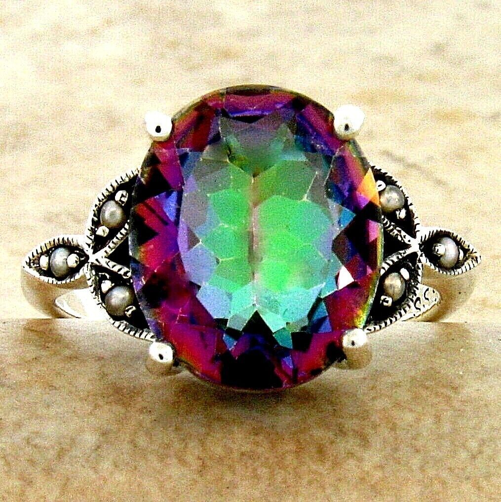 5 Ct RAINBOW MYSTIC QUARTZ 925 STERLING SILVER ANTIQUE STYLE VICTORIAN RING 094Z