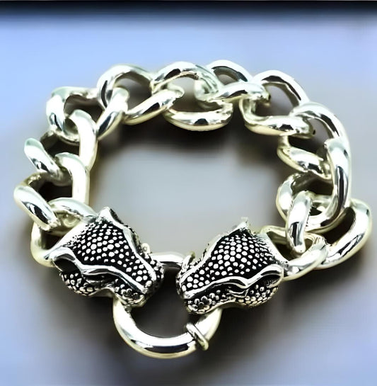 925 Silver Lightweight Curb Link Bracelet with Double Dragon Head Clasp  8" 1615