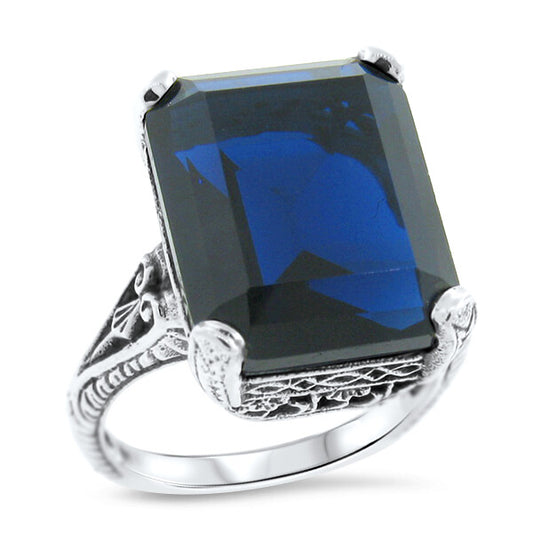 925 STERLING SILVER ROYAL BLUE SIMULATED SAPPHIRE VINTAGE STYLE RING       1180X