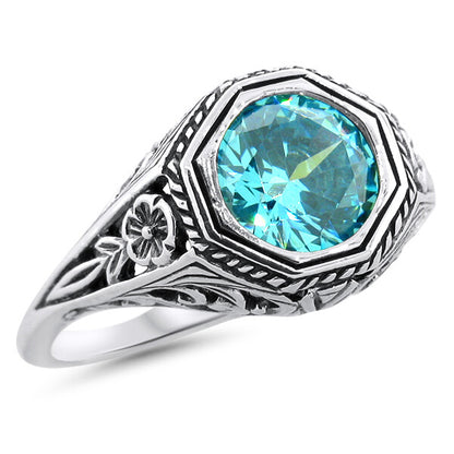 VINTAGE STYLE SOLITAIRE 925 STERLING SILVER AQUAMARINE CZ FILIGREE RING    #1229
