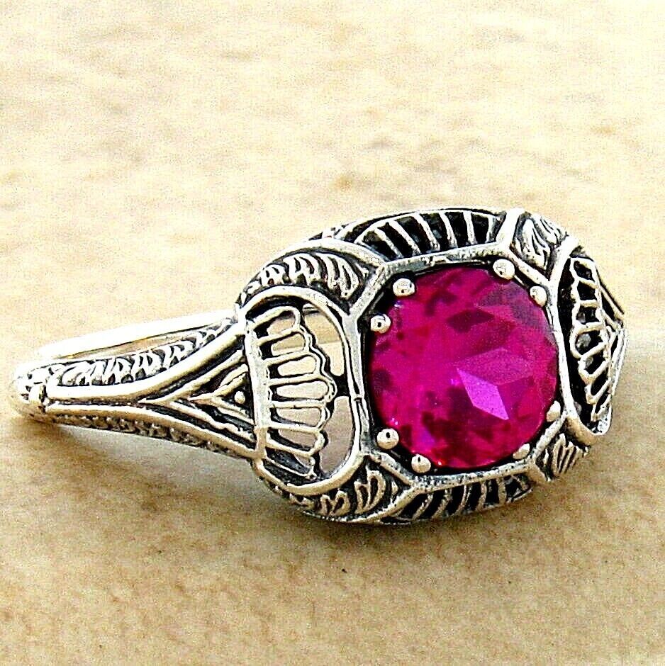 925 STERLING SILVER FILIGREE DECO ANTIQUE STYLE LAB-CREATED RED RUBY RING   #296