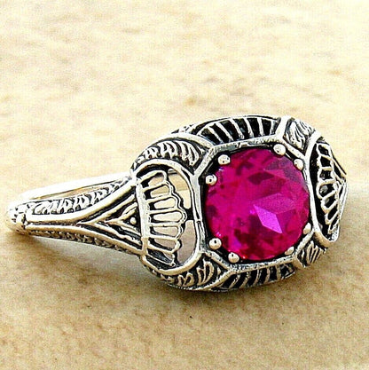 925 STERLING SILVER FILIGREE DECO ANTIQUE STYLE LAB-CREATED RED RUBY RING   #296