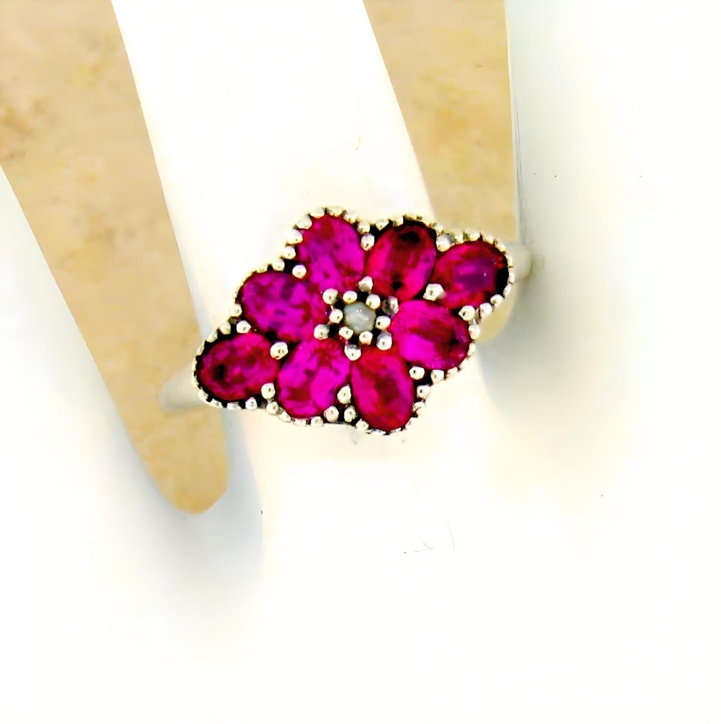 VINTAGE STYLE 925 STERLING SILVER LAB-CREATED RUBY & PEARL FLOWER RING    #446
