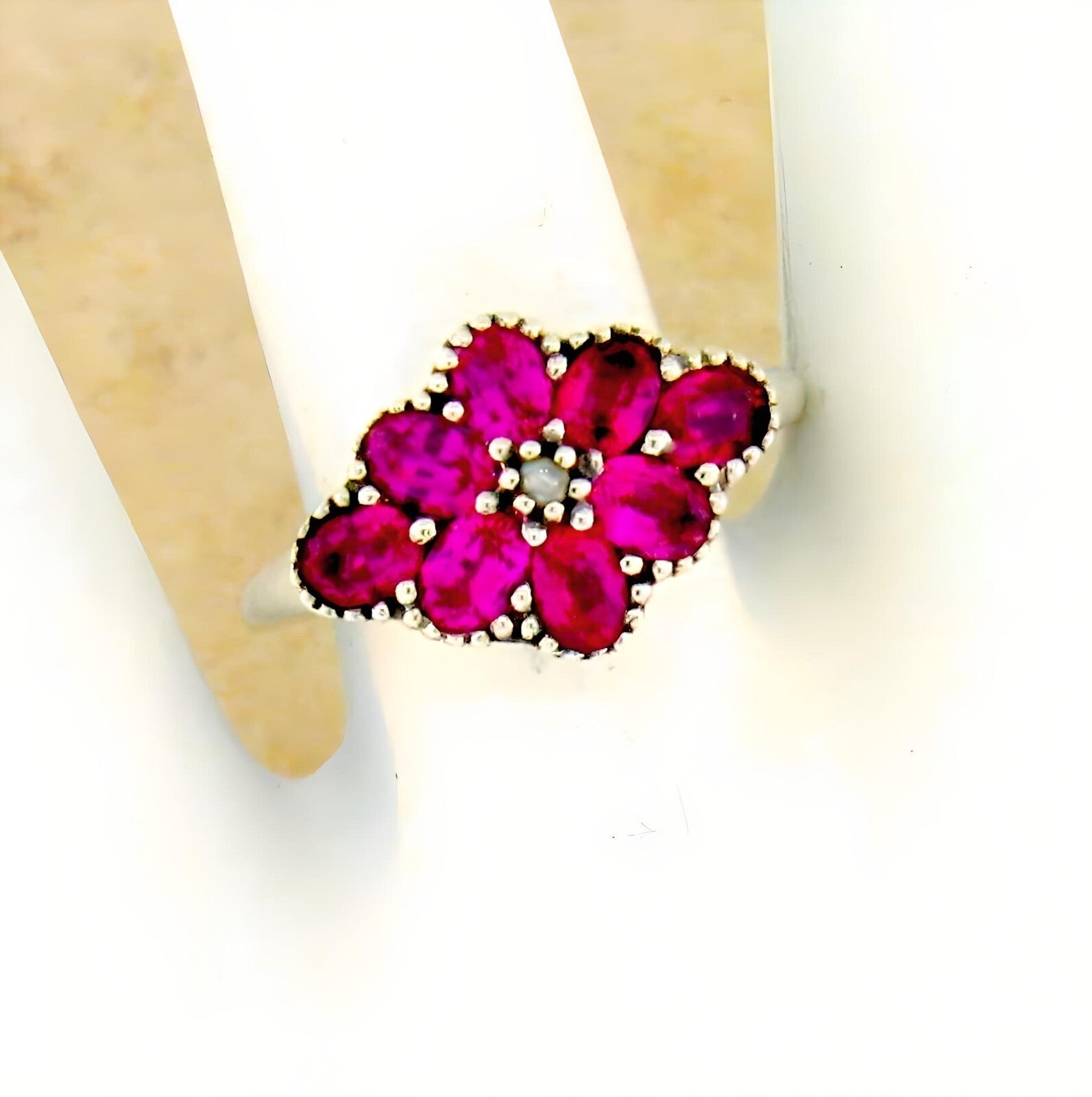 VINTAGE STYLE 925 STERLING SILVER LAB-CREATED RUBY & PEARL FLOWER RING    #446