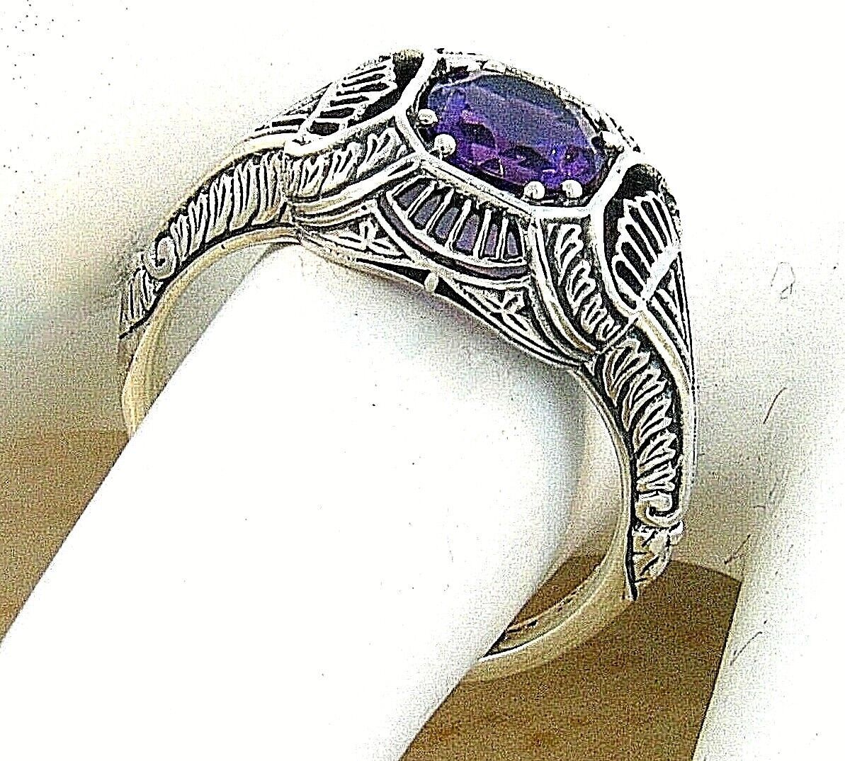 GENUINE AMETHYST 925 STERLING SILVER DECO ANTIQUE STYLE FILIGREE RING       #299