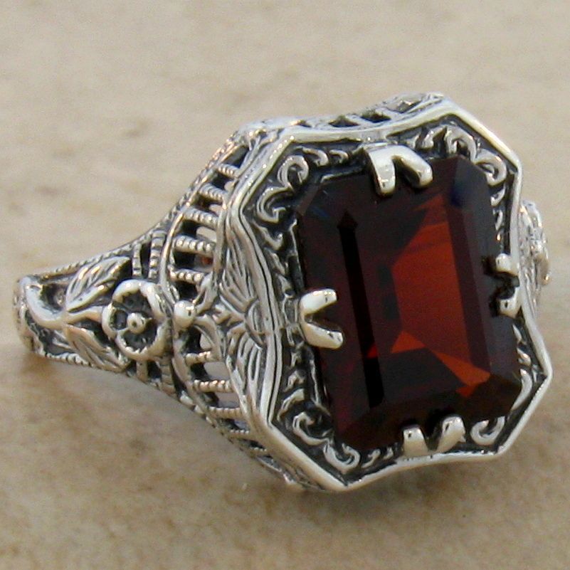 3 CARAT GENUINE GARNET ART DECO STYLE 925 STERLING SILVER FILIGREE RING     #265