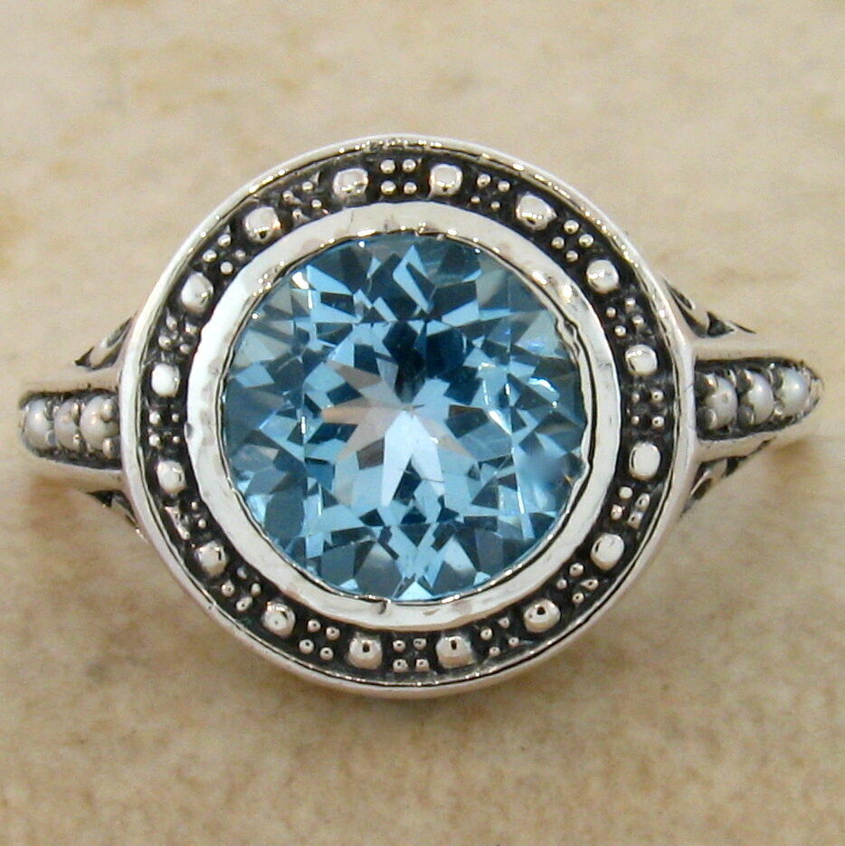 3 Ct GENUINE BLUE TOPAZ & PEARL 925 STERLING SILVER VICTORIAN STYLE RING    #511