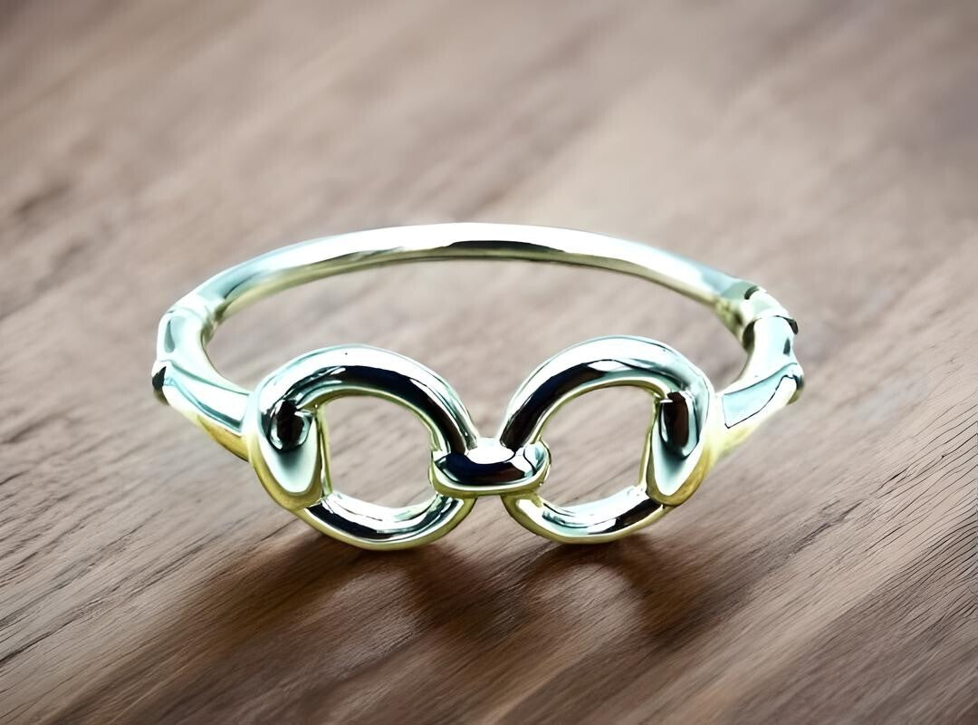 925 Silver Lightweight Horsebit Bangle -  6.75" Spring Hinge Bracelet 1467