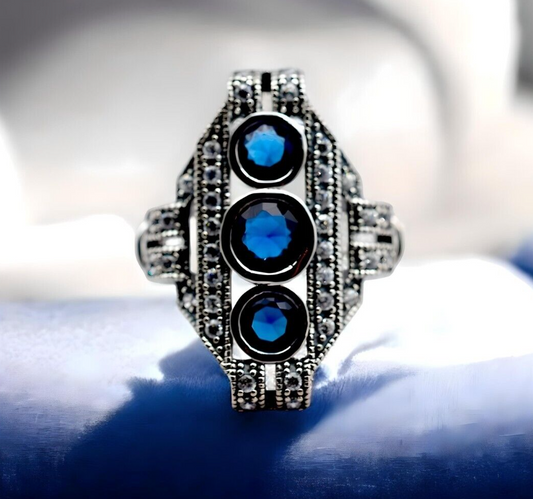 VINTAGE STYLE ROYAL BLUE SIMULATED SAPPHIRE & CZ 925 STERLING SILVER RING 1809