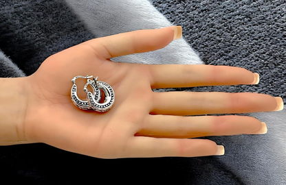 925 STERLING SILVER FILIGREE DESIGN LATCH BACK HOOP EARRINGS LIGHTWEIGHT 1674