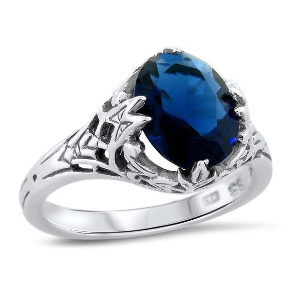 VICTORIAN STYLE 925 STERLING SILVER ROYAL BLUE SIMULATED SAPPHIRE RING     1138Z