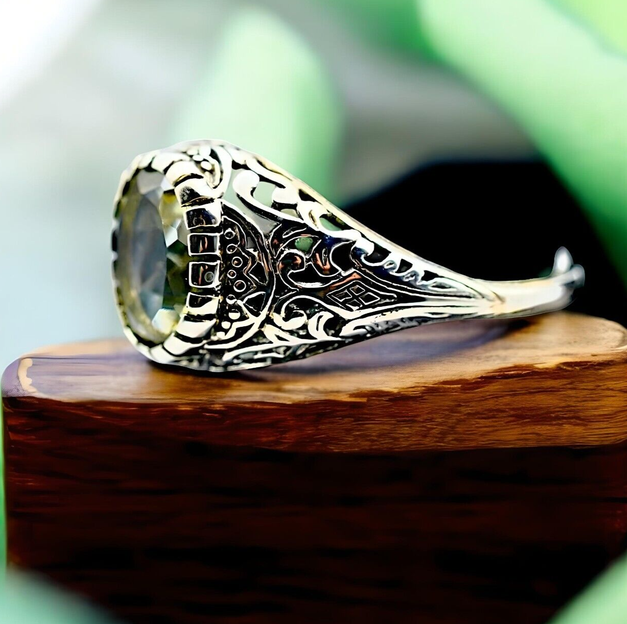VINTAGE STYLE NATURAL GREEN AMETHYST 925 STERLING SILVER FILIGREE RING 1797