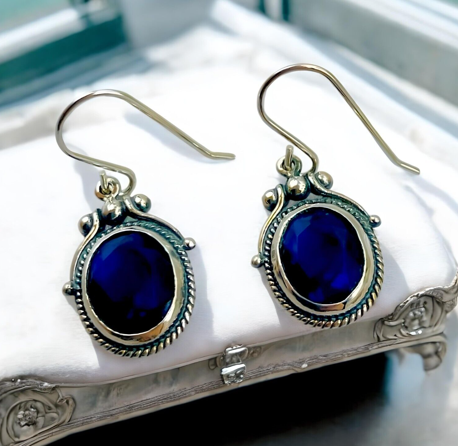 VINTAGE STYLE ROYAL BLUE SIMULATED SAPPHIRE 925 STERLING SILVER EARRINGS 1813