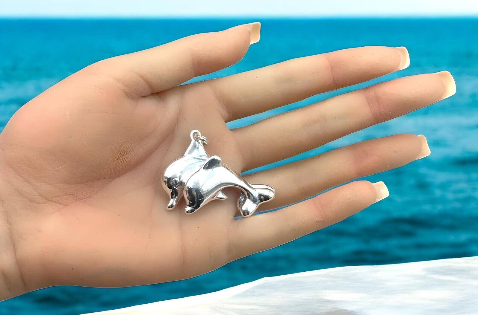 925 STERLING SILVER DOUBLE DOLPHIN LIGHTWEIGHT PENDANT, CHAIN SOLD SEPARATE 1618