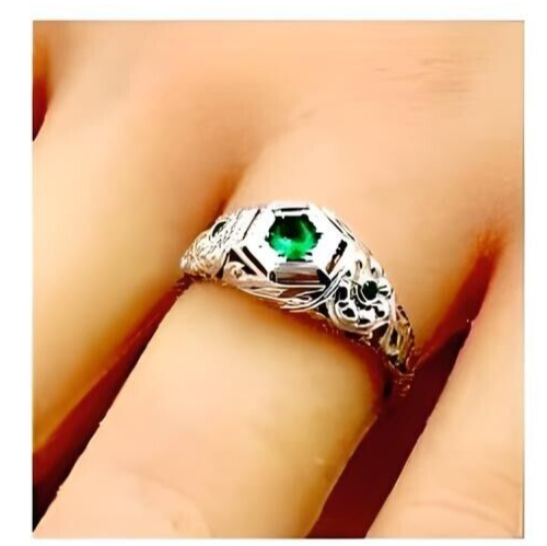 VINTAGE STYLE 925 SOLID STERLING SILVER SIMULATED EMERALD RHODIUM RING 1783