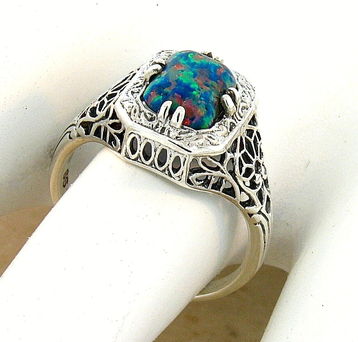 VINTAGE STYLE 925 STERLING SILVER LAB-CREATED BLACK OPAL FILIGREE RING      #686