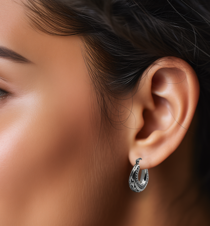 925 STERLING SILVER FILIGREE DESIGN LATCH BACK HOOP EARRINGS LIGHTWEIGHT 1674