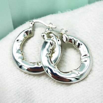 925 Sterling Silver Hoop Earrings, Hammered Finish, Latch Back, Lightweight 1520