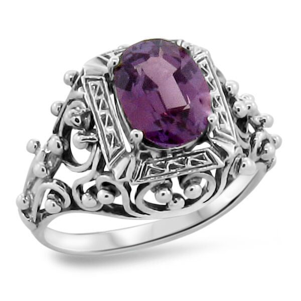925 STERLING SILVER FILIGREE ANTIQUE STYLE SIMULATED ALEXANDRITE RING       #264