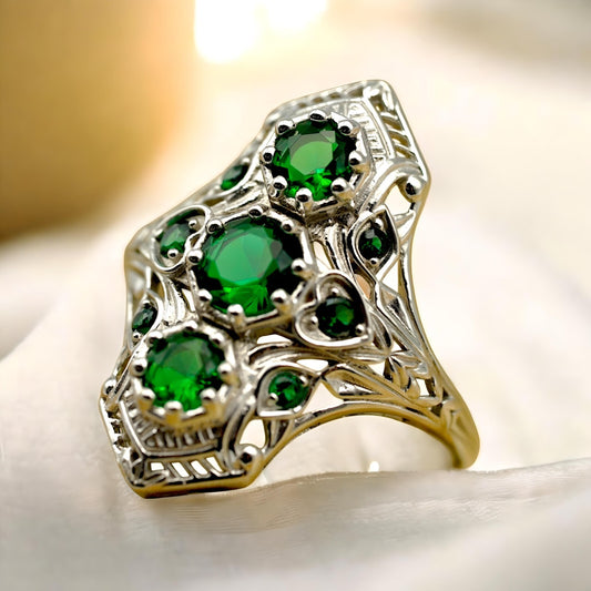 VINTAGE STYLE SIMULATED EMERALD 925 STERLING SILVER RING RHODIUM PLATED 1765