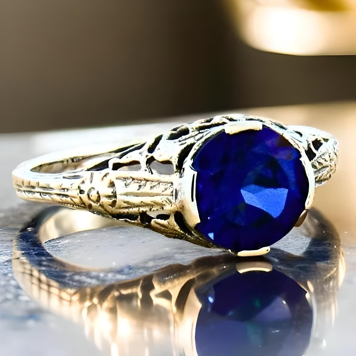 925 STERLING SILVER ART DECO STYLE 2 Ct BLUE LAB-CREATED SAPPHIRE RING      #156