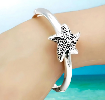 925 Starfish Bangle Sterling Silver - Lightweight 6.5" Hinged Bracelet 1394