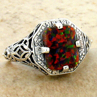 VINTAGE STYLE 925 STERLING SILVER LAB-CREATED RED FIRE OPAL FILIGREE RING   #212
