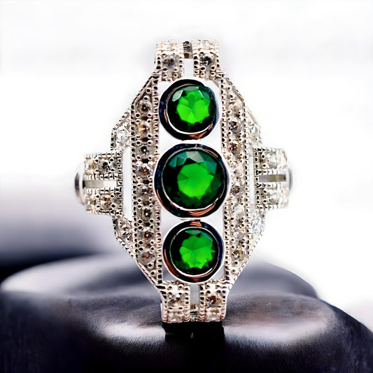 VINTAGE STYLE 925 SOLID STERLING SILVER SIMULATED EMERALD FILIGREE RING 1796