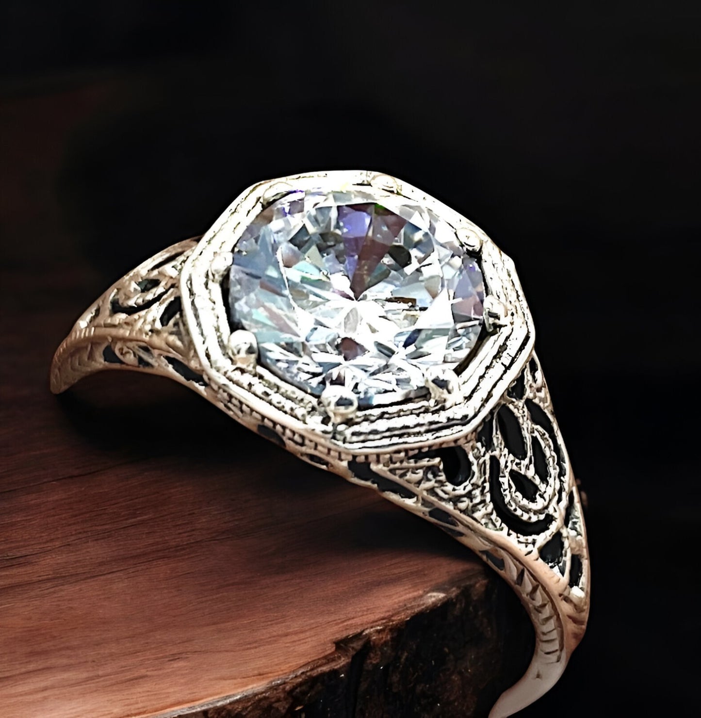 WEDDING ENGAGEMENT 925 STERLING SILVER ART DECO STYLE CZ FILIGREE RING     #1146