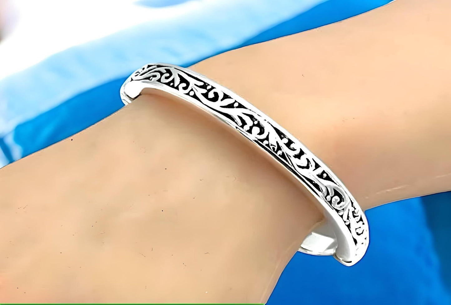 925 Sterling Silver Filigree 6.75" Hinged Bangle Bracelet, Lightweight 1273
