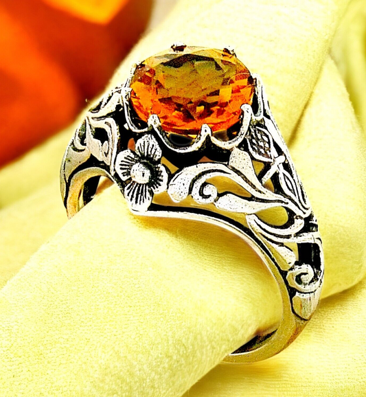 VINTAGE STYLE SCOTTISH THISTLE 925 STERLING SILVER LAB-CREATED CITRINE RING 890