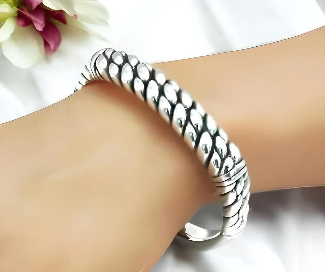 925 Sterling Silver Basket Weave Bangle - 16.5 cm Lightweight Comfortable 1192