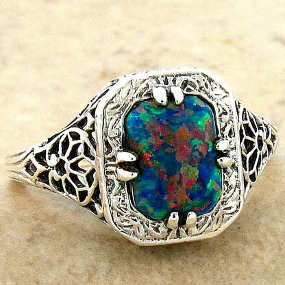 VINTAGE STYLE 925 STERLING SILVER LAB-CREATED BLACK OPAL FILIGREE RING      #686