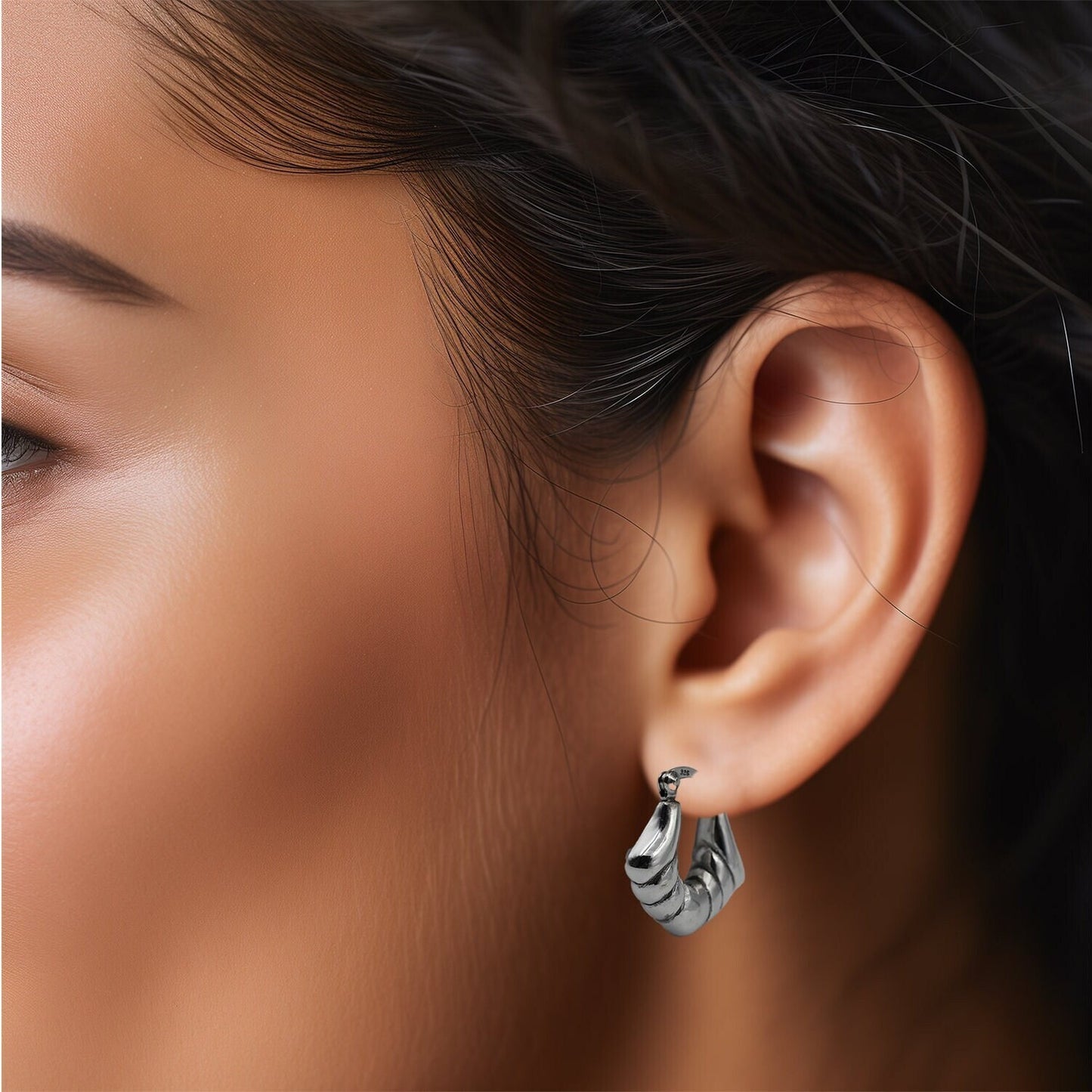 925 Sterling Silver Hoop Earrings Latch Back, Scalloped Squared Design 1539