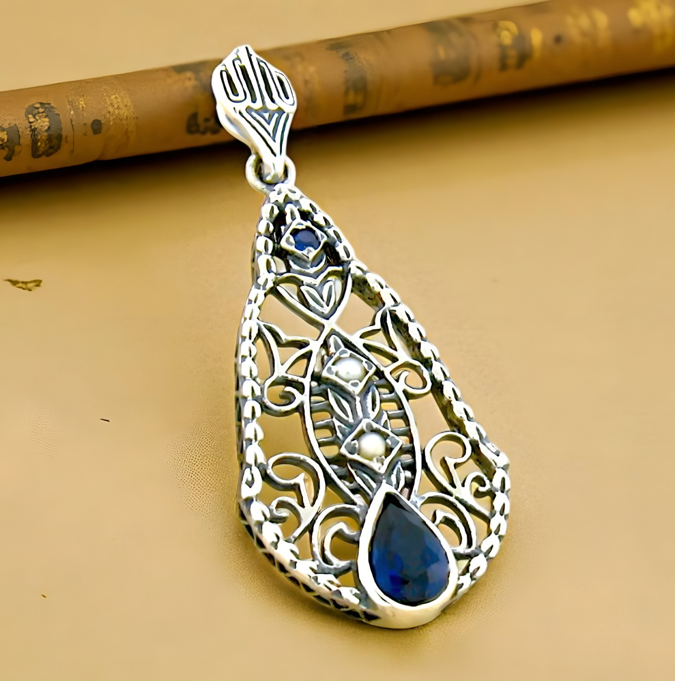 VINTAGE STYLE 925 STERLING SILVER LAB-CREATED SAPPHIRE & PEARL PENDANT #603