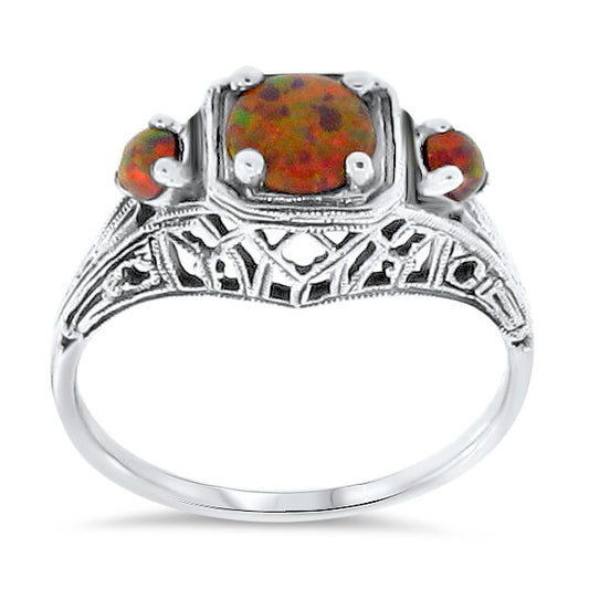 925 STERLING SILVER RED LAB OPAL 3 STONE VINTAGE DESIGN ANTIQUE STYLE RING  #083