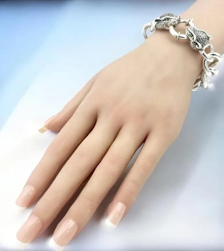 925 Silver Lightweight Curb Link Bracelet with Double Dragon Head Clasp  8" 1615