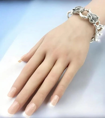 925 Silver Lightweight Curb Link Bracelet with Double Dragon Head Clasp  8" 1615