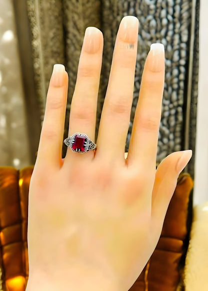 VIVID RED SIMULATED RUBY ANTIQUE STYLE 925 STERLING SILVER FILIGREE RING   #1350