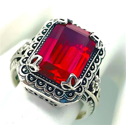 VIVID RED VINTAGE STYLE 925 STERLING SILVER LAB-CREATED RUBY FLOWER RING   #1216
