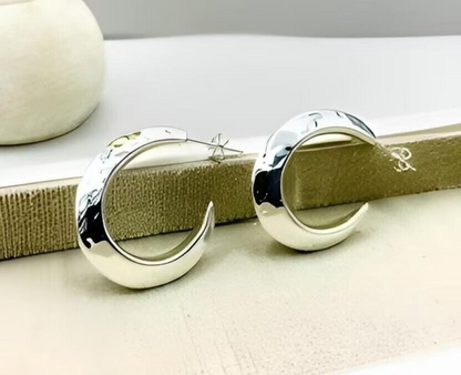 925 STERLING SILVER HAMMERED FINISH PUSH BACK HOOP EARRINGS LIGHTWEIGHT 1586