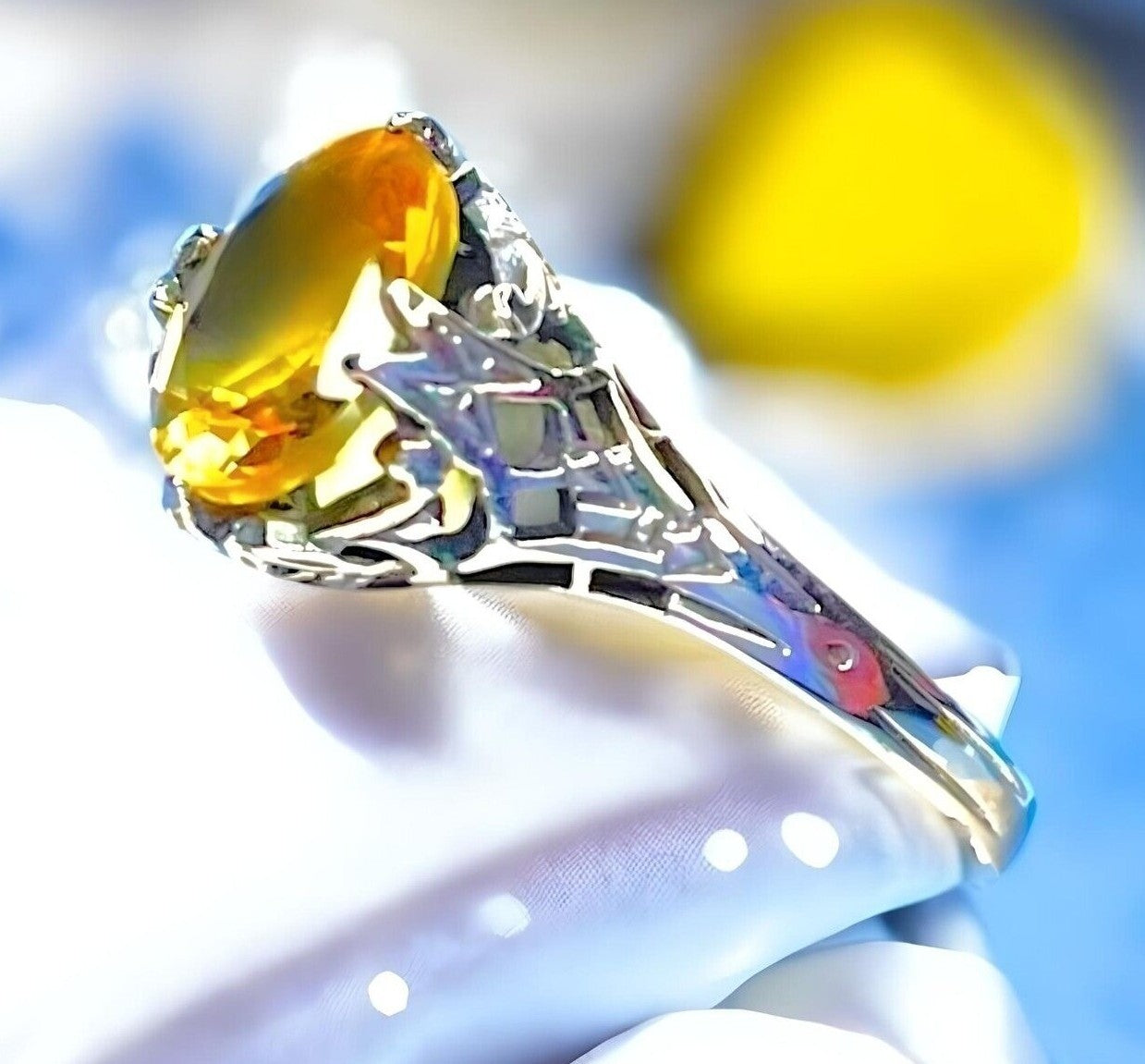 VINTAGE STYLE NATURAL CITRINE 925 SOLID STERLING SILVER FILIGREE RING    #443