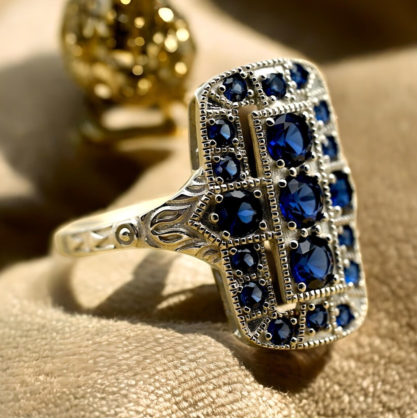 VINTAGE STYLE 925 STERLING SILVER SIMULATED SAPPHIRE RING RHODIUM PLATED 1763