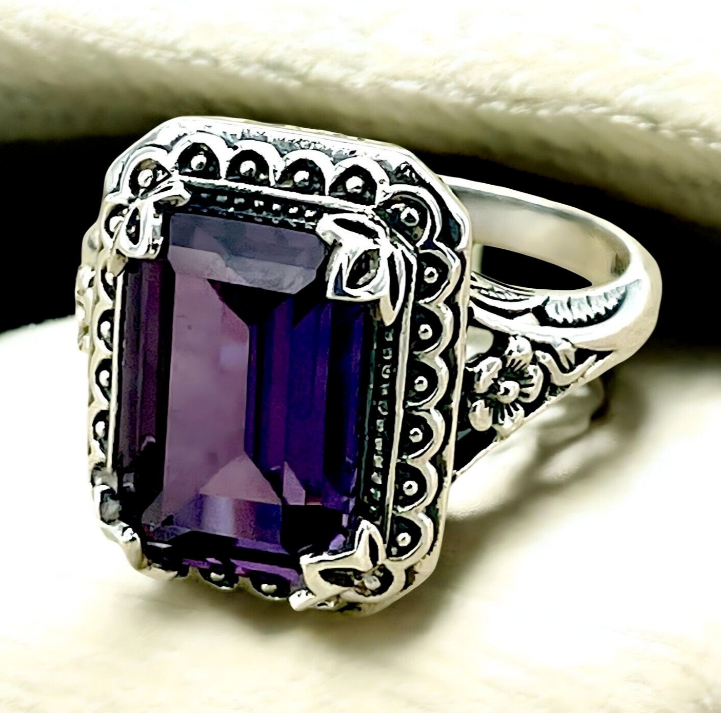 VINTAGE STYLE PURPLE LAB-CREATED SAPPHIRE 925 STERLING SILVER FILIGREE RING 1502