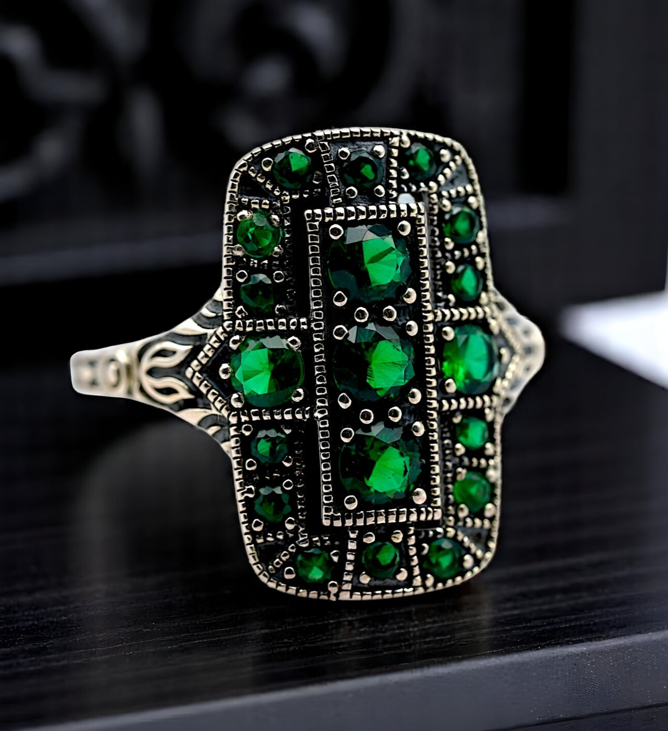 VINTAGE STYLE SIMULATED EMERALD 925 SOLID STERLING SILVER FILIGREE RING 1750