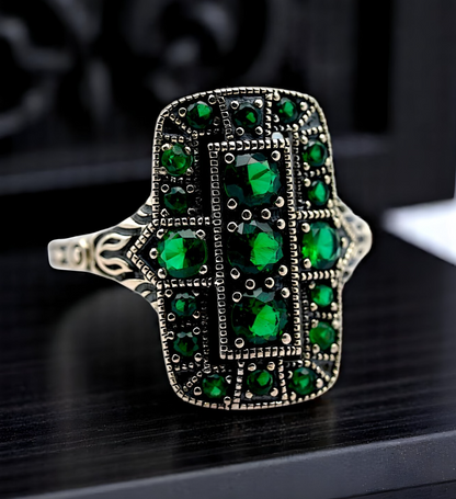 VINTAGE STYLE SIMULATED EMERALD 925 SOLID STERLING SILVER FILIGREE RING 1750