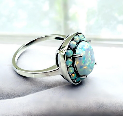 VINTAGE STYLE 925 SOLID STERLING SILVER WHITE LAB-CREATED OPAL RING 1817