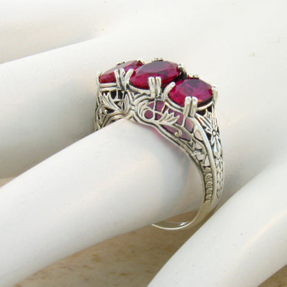 3 STONE 925 STERLING SILVER ART DECO STYLE 3.5 Ct RED LAB-CREATED RUBY RING #417