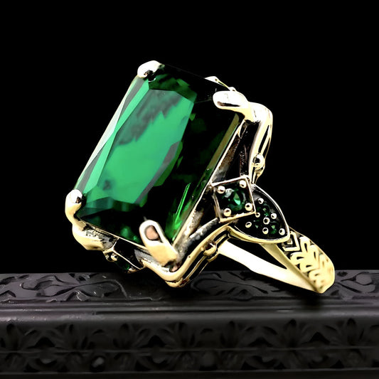 VINTAGE STYLE 925 SOLID STERLING SILVER SIMULATED EMERALD FILIGREE RING 1780