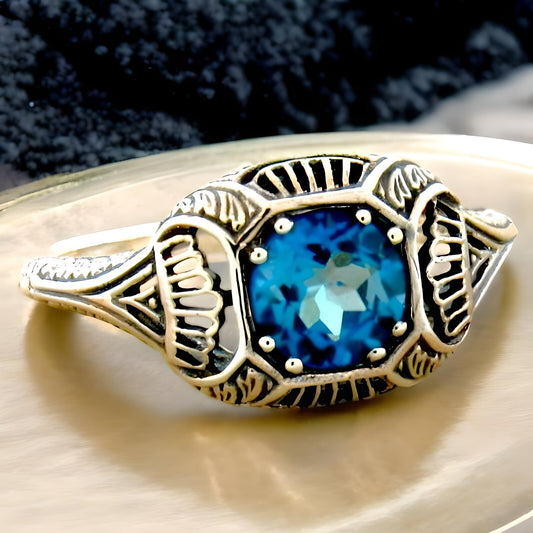 VINTAGE STYLE GENUINE LONDON BLUE TOPAZ 925 STERLING SILVER DECO RING       #489